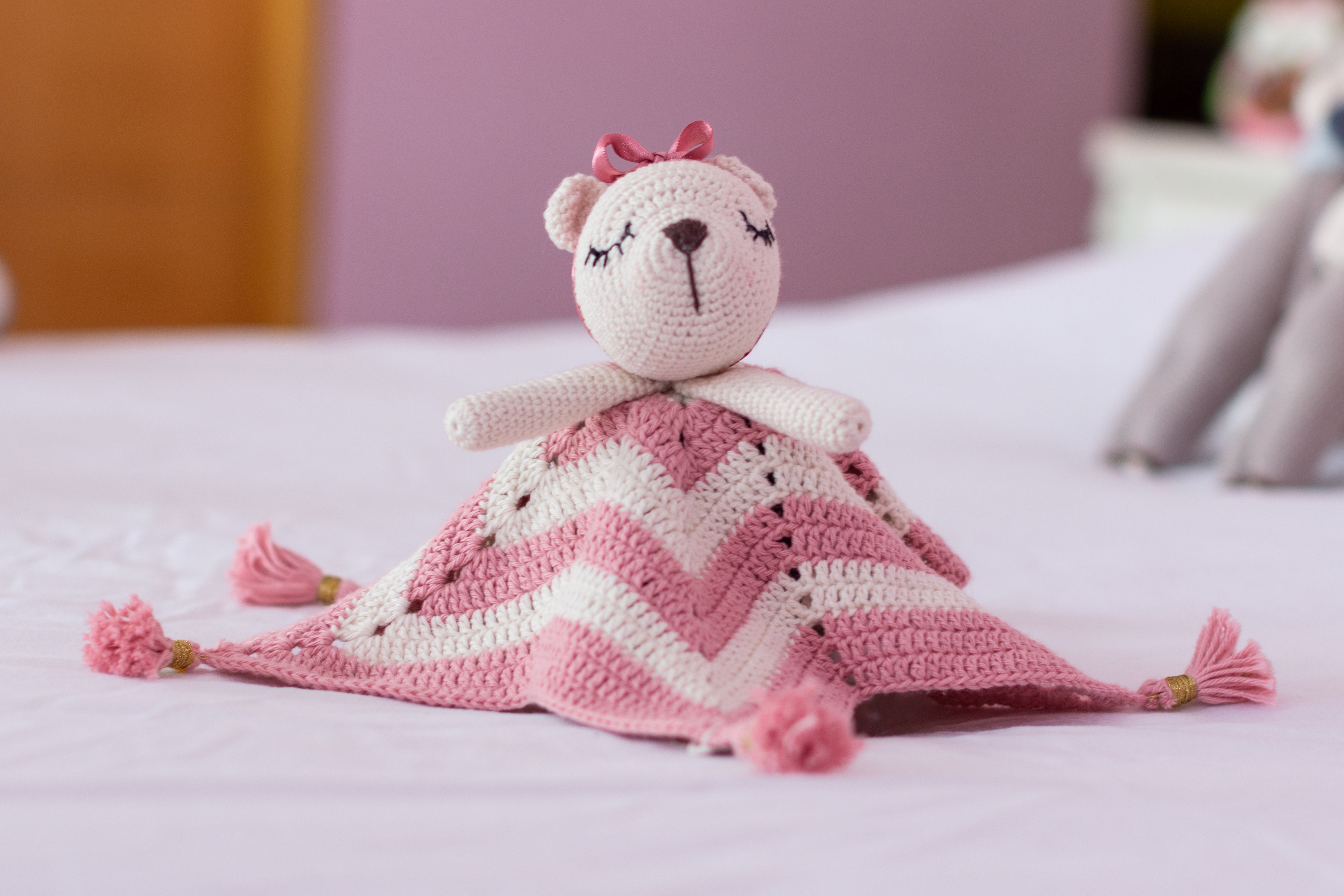 Crochet Security Blanket-Pink/White Little Bear-toddler toys-small baby toys-Wanuna