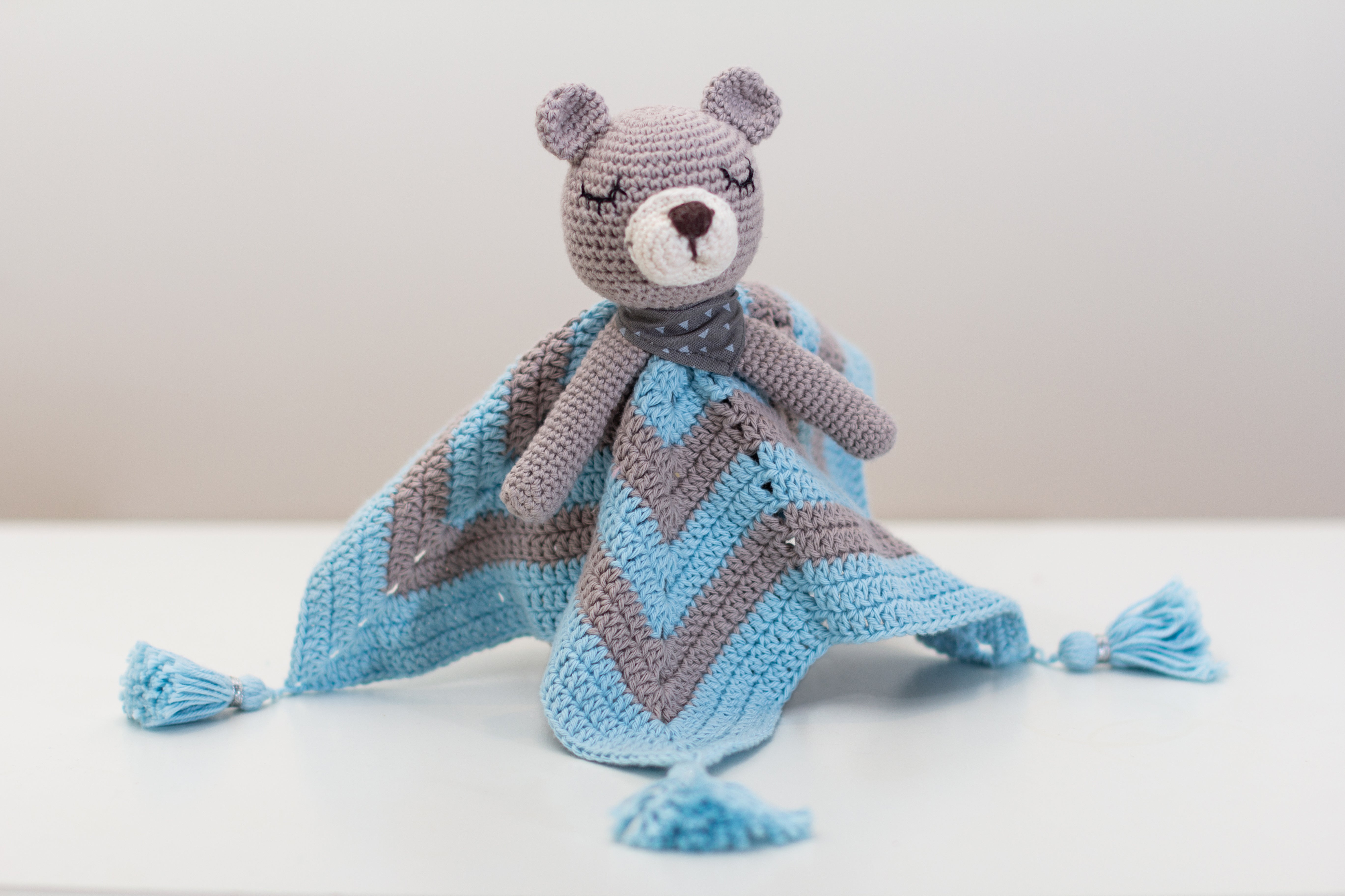 Crochet Security Blanket-Blue/Gray Buddy Bear-toddler toys-small baby toys-Wanuna